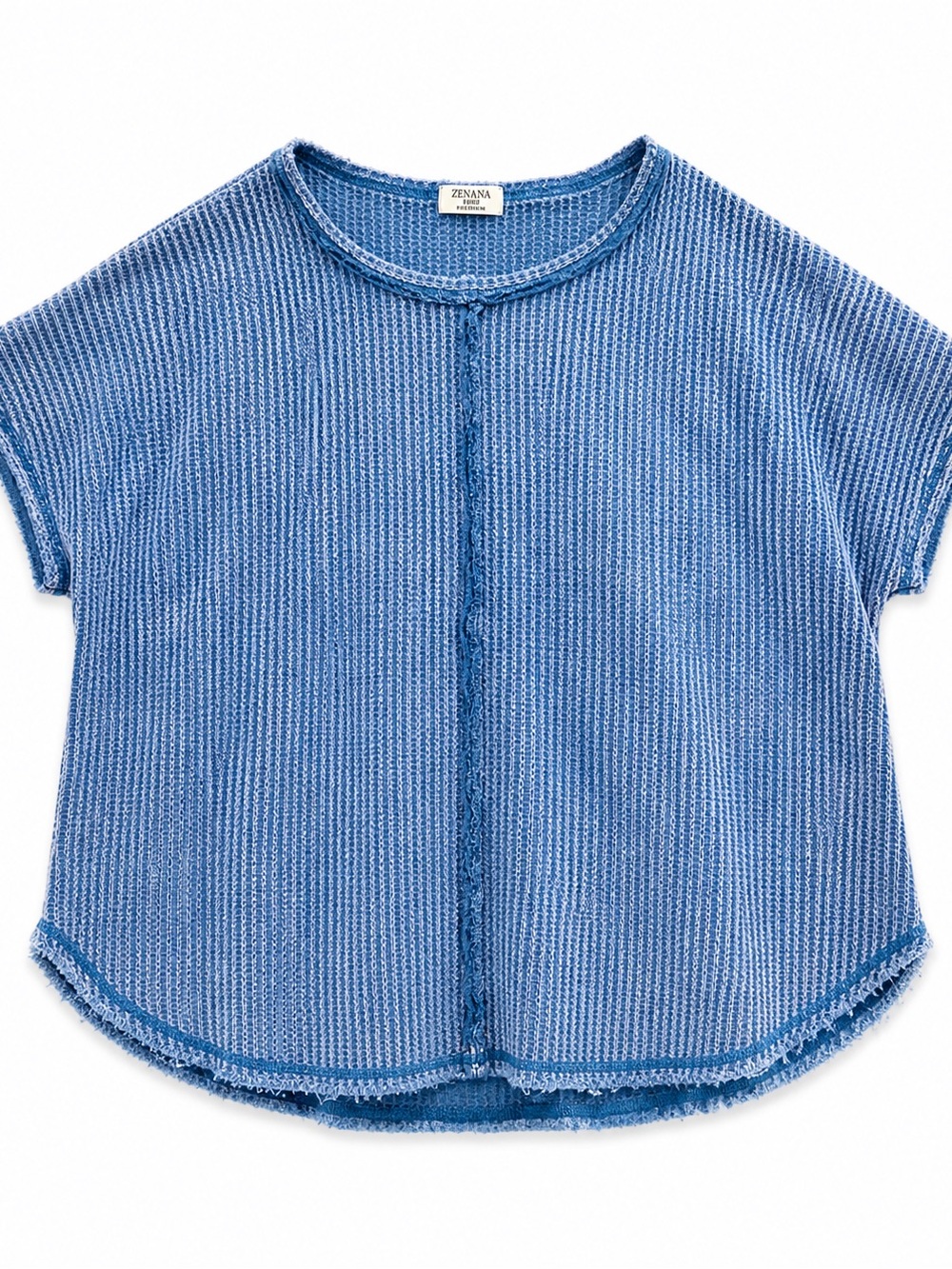 Zenana Outfitters Light Blue Ribbed Short Sleeve Tee Raw Hems